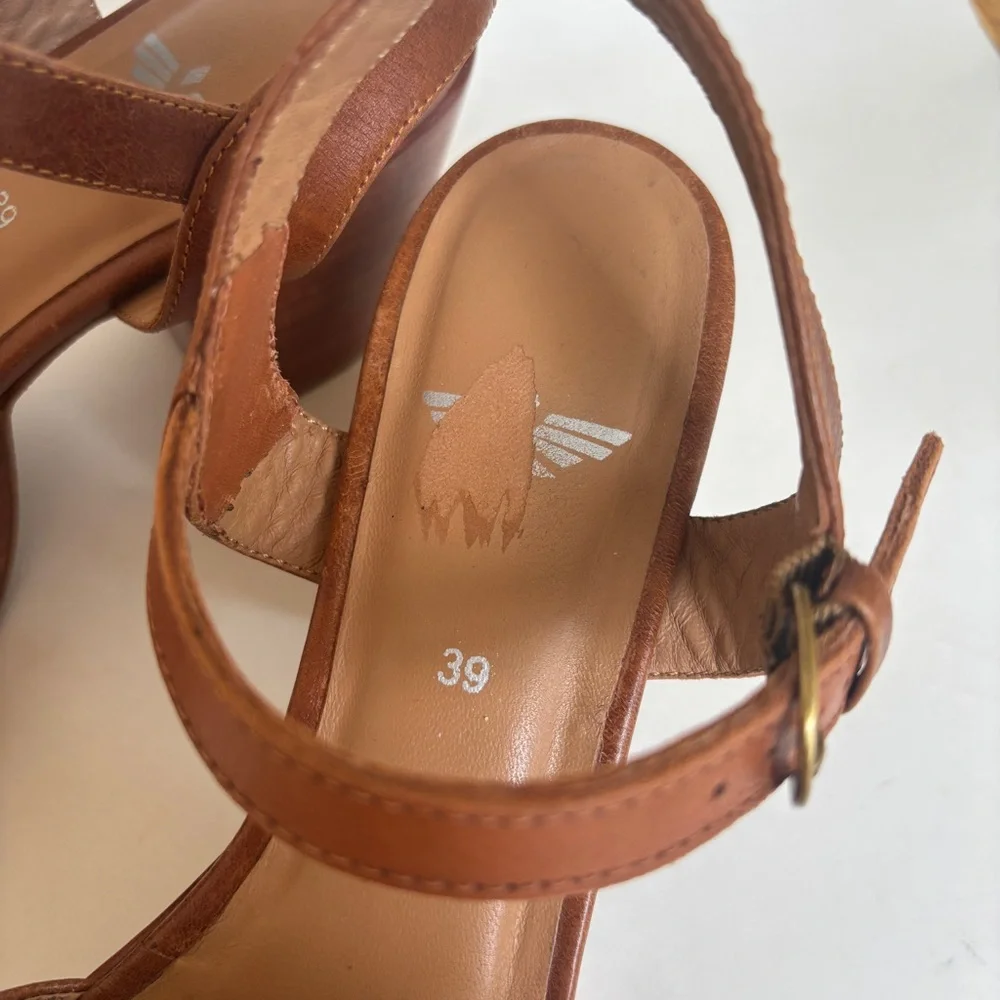 Fortress of Inca Hannah Sandals Tan Brown Block Heels Ankle Strap Leather 39 8.5